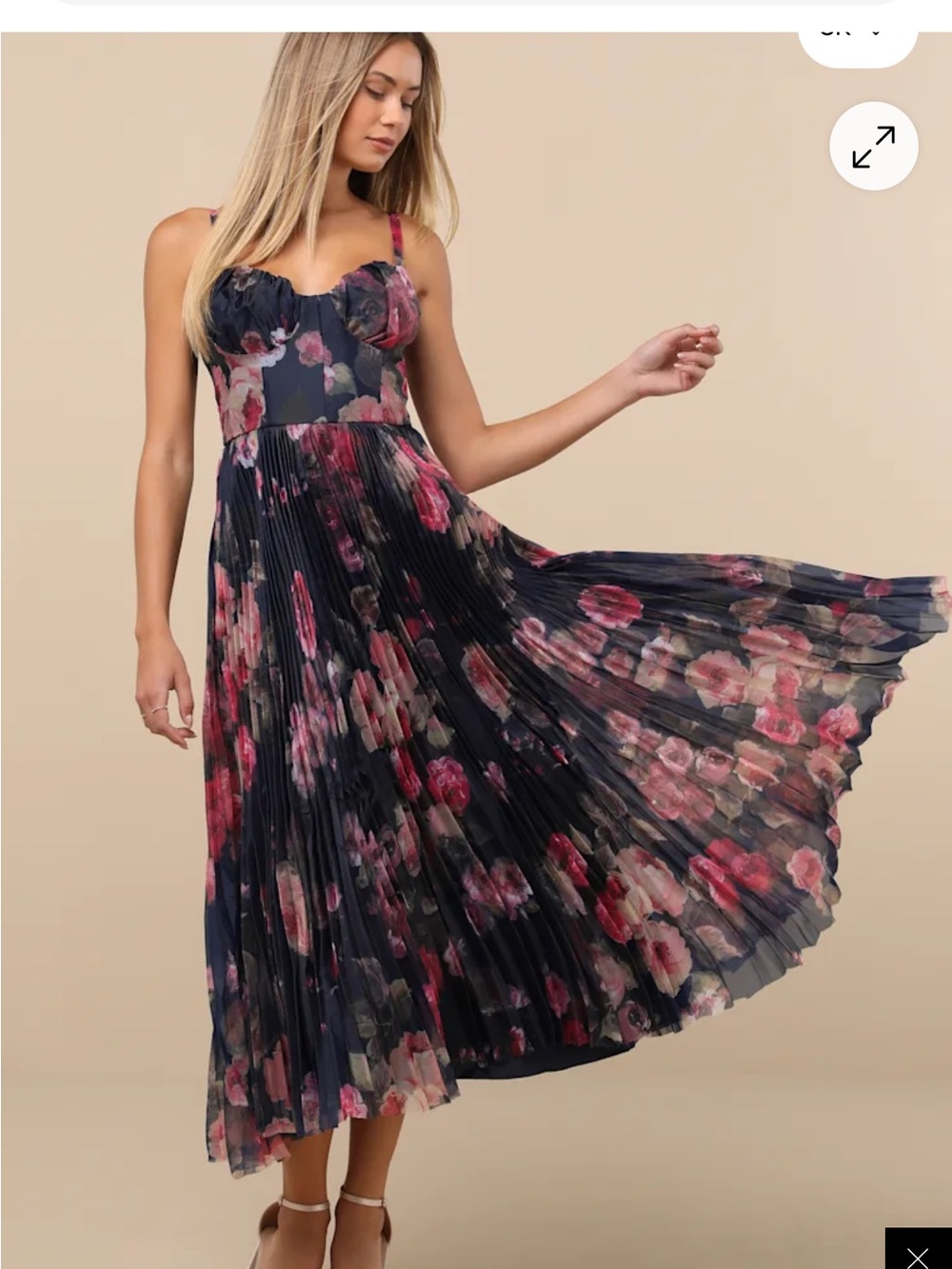 NWT Lulus Alluring Invite Midnight Blue Floral Pleated Bustier Midi Dress Sz S